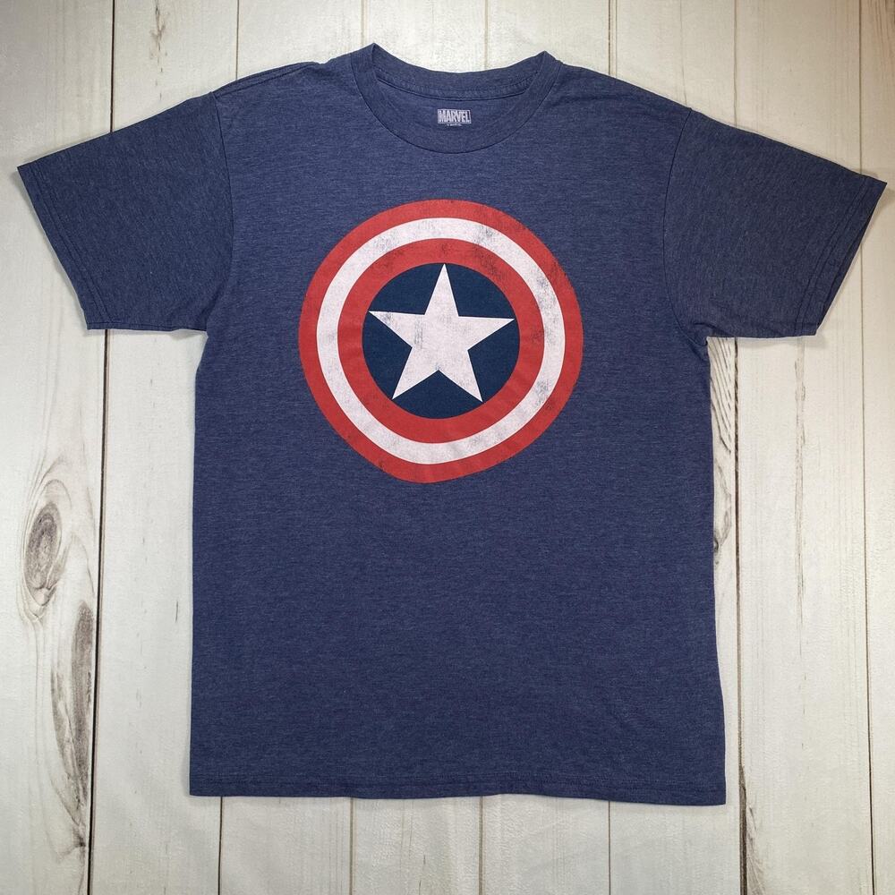 Marvel Captain America Shirt Mens Medium Blue Shield Graphic Tee T-Shirt Heather